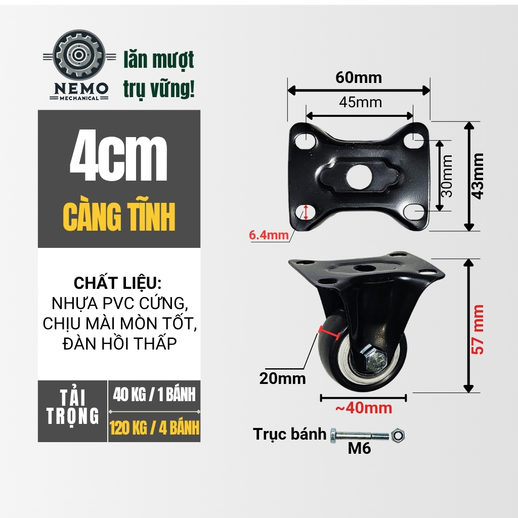 Bánh xe đẩy hàng đen trắng, mặt bích, có bạc đạn, đk bánh 4cm và 5cm, tải trọng 40-50kg/1bánh